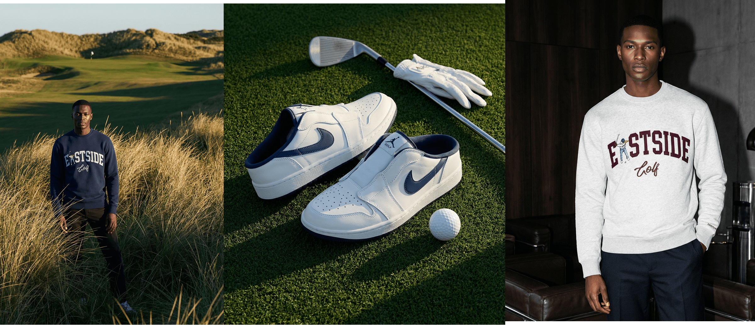 Eastside Golf editorial imagery. Three brand moments across Scottish-feeling links, modern architecture, and motion.